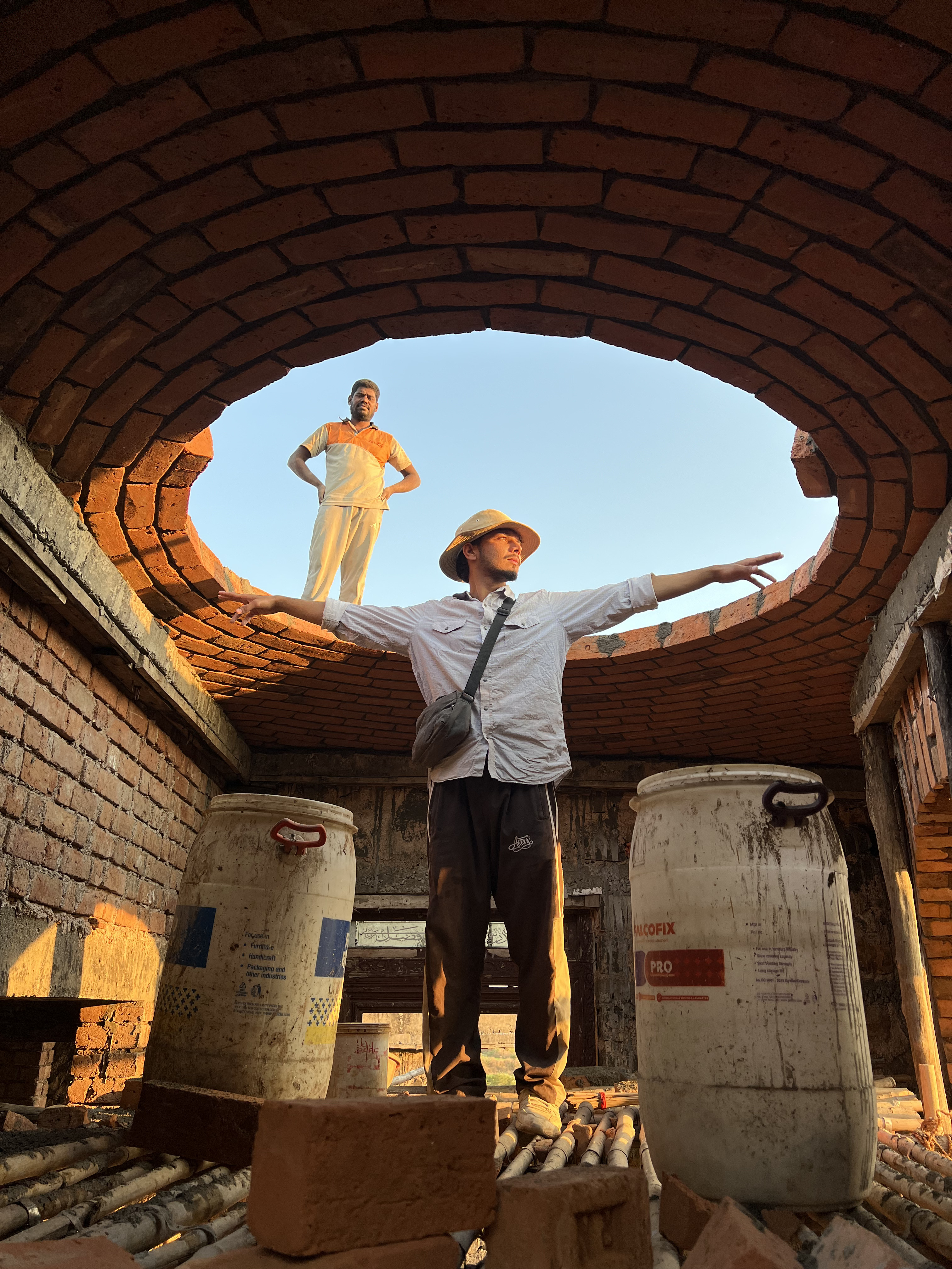 Team construction work on circular dome with oculus opening - Rohtak Domes 2025